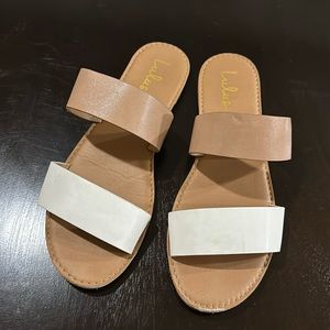 Lulus Time to Chill Light Nude and White Slide Sandals